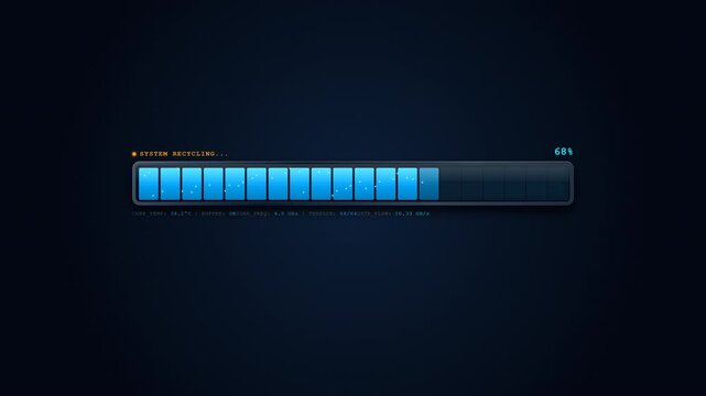 A sleek, futuristic translucent glass loading bar animation with brushed aluminum frame, cyan energy flow, scanline trigger, and seamless loop disassembly.