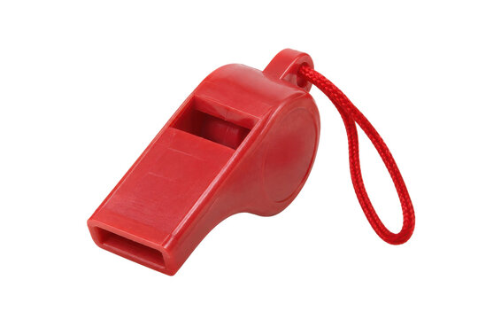 Bright red plastic whistle with a matching red lanyard, captured with soft studio lighting on a clean white background