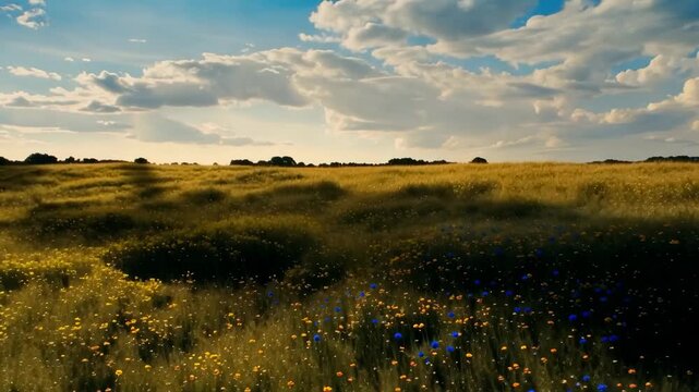 Wildflower meadow with red, blue, and white blossoms under dramatic clouds as sunlight and shadows move across a sunlit grassland landscape in nature