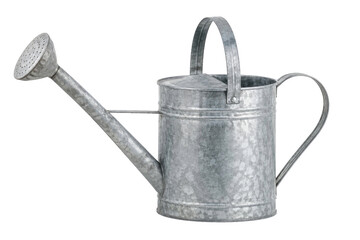 Classic galvanized metal watering can with a long spout and handle, isolated on a clean white background, perfect for gardening tasks © no one