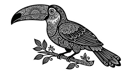 Fototapeta premium Toucan illustration features intricate floral and geometric patterns on a white background