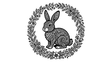 Intricate floral ornament featuring a rabbit detailed black and white illustration © Creator Rima Akter