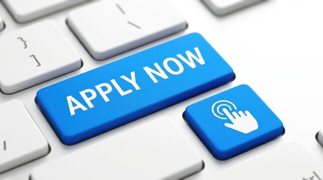 Blue apply now button on white computer keyboard for online job application and digital registration form.