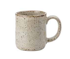 Rustic speckled ceramic coffee mug with a handle, featuring a textured surface and earthy tones,...