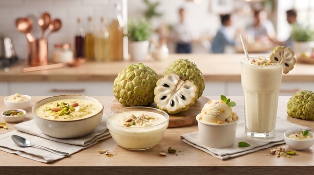 Creamy Custard Apple Sitaphal Dessert Platter with Milkshake, Rabdi, Kheer, and Ice Cream

