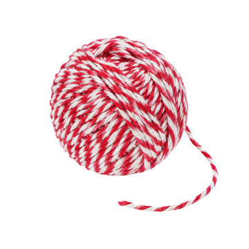 Vibrant red and white striped twine ball with a loose end, captured in a studio shot on a clean white background