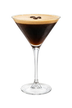 Classic espresso martini cocktail with a creamy foam top and three coffee beans, presented in a clear glass on a white background