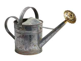 Old weathered galvanized metal watering can with a decorative brass rose nozzle is isolated on a white background © no one