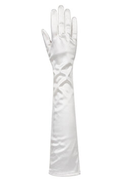 Elegant white satin long glove, extending up the arm, captured with soft studio lighting on a clean white background