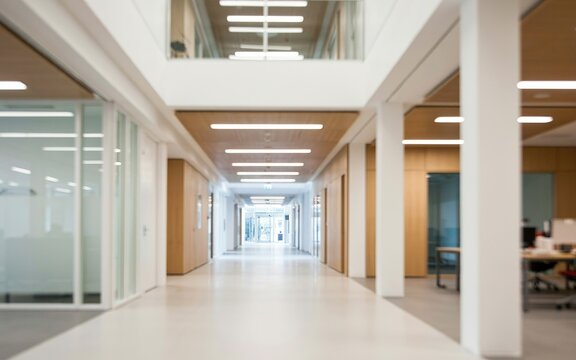 Blurred view of a long office corridor with wooden ceilings and glass walls