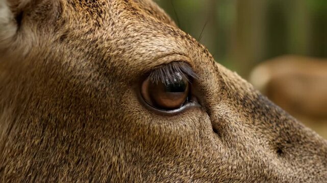 Close up of a brown deer eye with soft forest background highlighting its calm nature