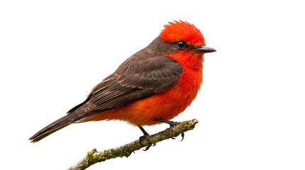 Fototapeta premium Vermilion flycatcher perched on a branch, vibrant red songbird isolated on white background, colorful tropical bird photography for nature design