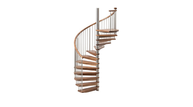 Modern spiral staircase with wooden steps and metal railing, elegant curved wood stairs on white background, contemporary interior architectural design element
