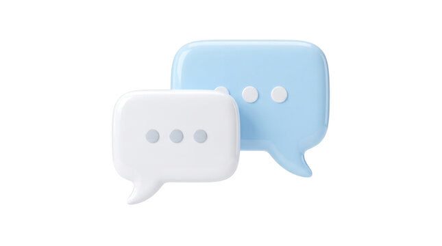 Minimalist 3D speech bubbles, blue and white chat icons for communication, glossy plastic message notification symbols on white background
