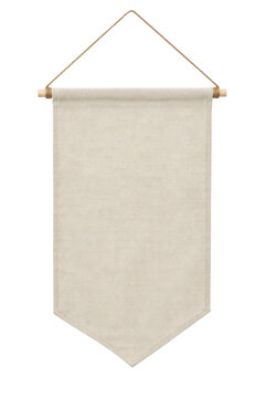 Blank cream canvas banner hanging from a wooden dowel and jute string on a white background