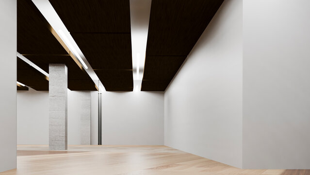 Empty modern interior room with wooden flooring and white walls