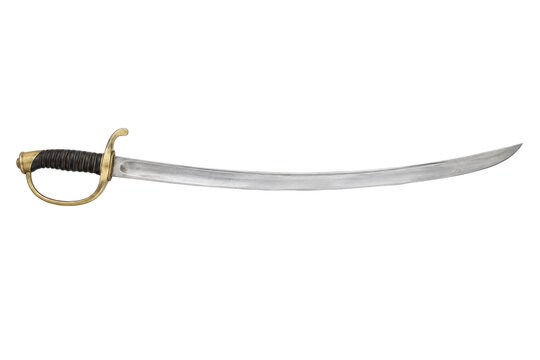 Vintage cavalry saber with a curved steel blade and a brass hilt, featuring a dark wrapped grip, isolated on a white background