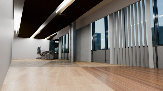 Empty modern office interior with wooden floor and city views