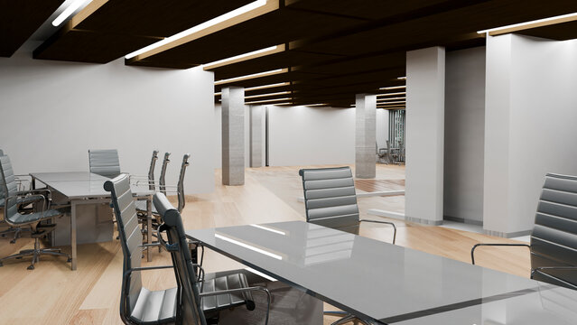 Conference room with gray chairs and glass tables in modern office