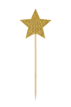 Single golden glitter star on a wooden stick, isolated on a clean white background, perfect for festive decorations