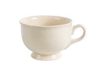 Clean, empty, light beige ceramic coffee mug with a handle and pedestal base, isolated on a white...