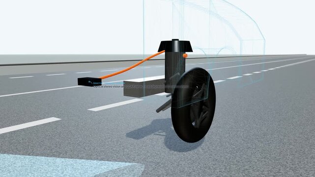 3D animation demonstrating proactive ride suspension technology using optical stereo vision and LiDAR sensors to activate a linear electromagnetic motor for chassis stabilization