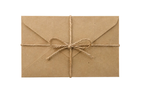 Single brown kraft paper envelope tied with natural twine and a bow, isolated on a clean white background