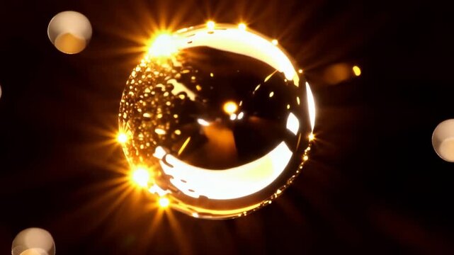 Glowing golden abstract spheres and metallic rings orbiting through dark space with sparkling reflections and radiant light flares, artistic three dimensional animation