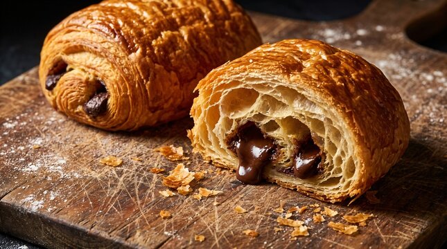 Freshly baked French pain au chocolat pastries featuring an ultra flaky golden brown puff pastry crust revealing rich melted dark chocolate batons inside, served on a dark rustic wooden bakery board
