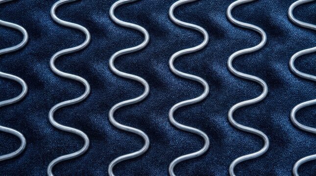 Silver wavy springs forming a grid pattern on a dark blue upholstered surface, abstract design.