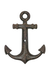 Old rusty metal anchor with a textured surface is prominently displayed against a clean white background in a studio shot © no one
