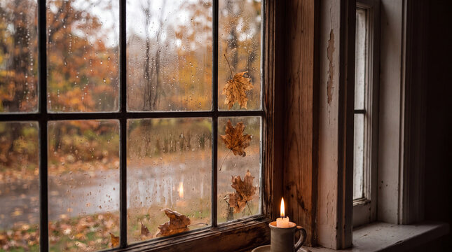 Rainy window pane with autumn leaves and lit candle on transparent background