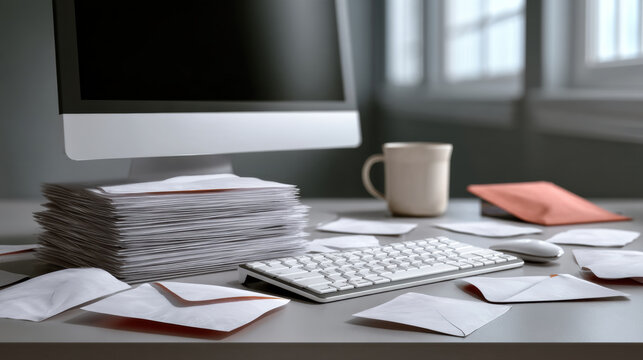 Computer envelope paper desk office workspace keyboard cup document stack communication mail business workplace technology