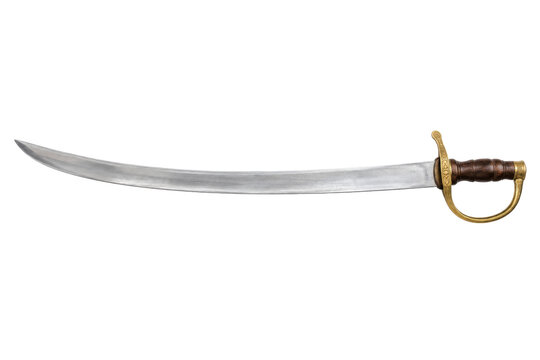 Classic pirate saber with a curved silver blade and ornate brass hilt, isolated on a clean white background