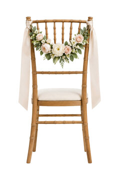 Elegant wooden Chiavari chair adorned with a beautiful floral arrangement and flowing ribbons, isolated on a clean white background