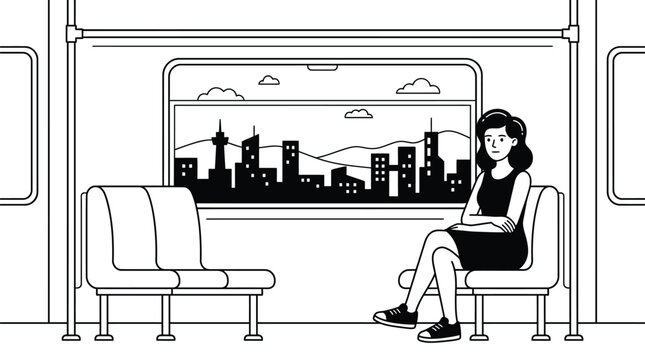 Young woman sitting quietly inside subway train compartment looking out city view window illustration
