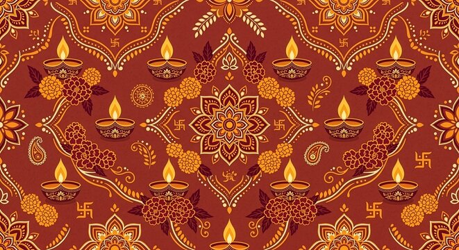 Seamless Diwali Pattern with Diyas, Marigold Flowers and Rangoli Motifs