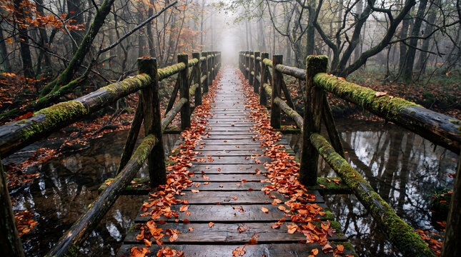 Wooden bridge covered with autumn leaves in a foggy forest on transparent background