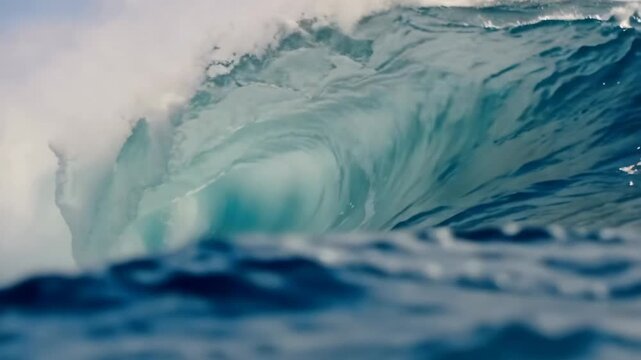 Powerful blue ocean wave rises, curls, and breaks with white foam and spray in closeup, revealing moving water textures and turbulent surf in a natural seascape