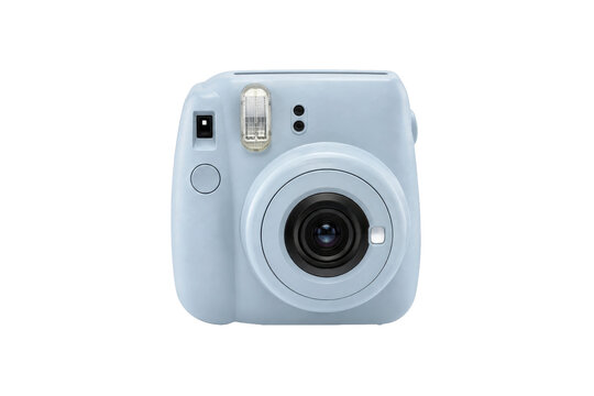 Light blue instant camera with a flash and lens, viewed from the front on a clean white background