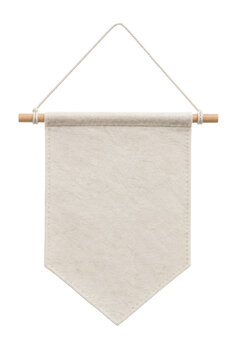 Blank cream felt pennant banner hanging from a wooden dowel and string, isolated on a clean white background