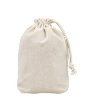 Empty natural beige linen drawstring pouch bag with a tied rope on a white background, studio shot