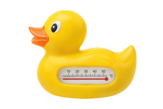 Bright yellow rubber duck bath thermometer with an orange beak and black eyes, isolated on a clean white background