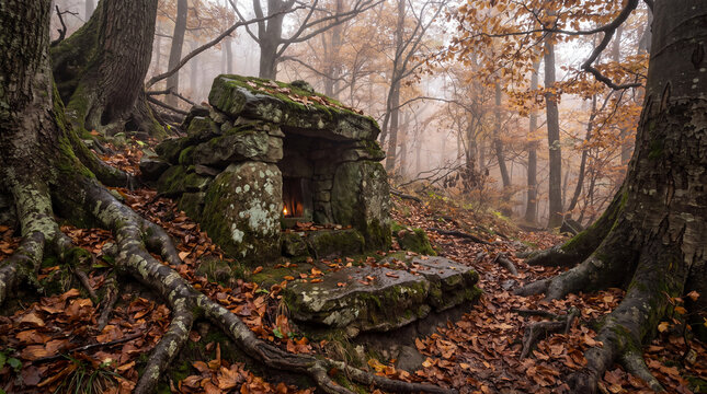 Ancient stone shrine hidden inside misty autumn forest with fallen orange leaves on transparent background
