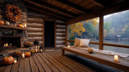 Fototapeta premium Cozy wooden cabin porch autumn lake view, rustic bench, fireplace, pumpkins, candles, peaceful atmosphere