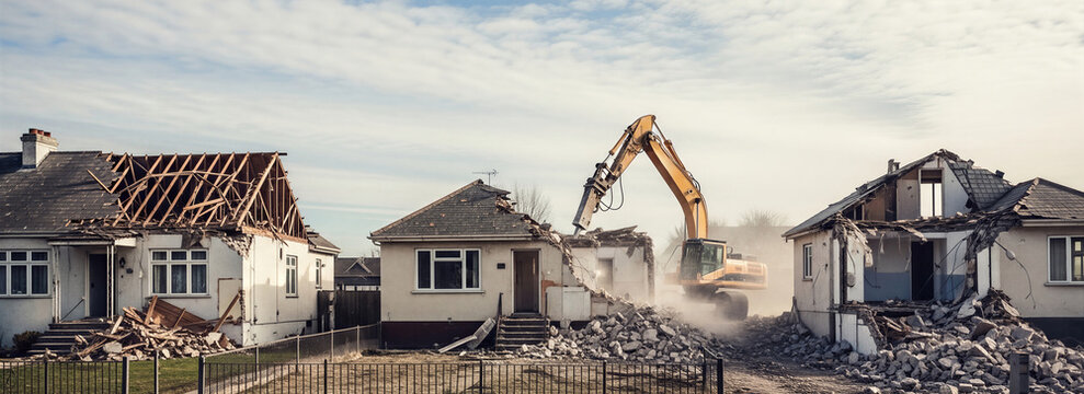Excavator tearing down old residential building at construction site. Heavy machinery during house demolition process. Banner with copy space