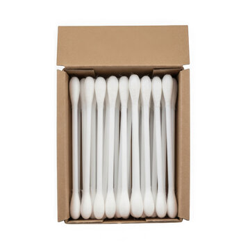 Box of cotton swabs arranged neatly inside cardboard packaging transparent background