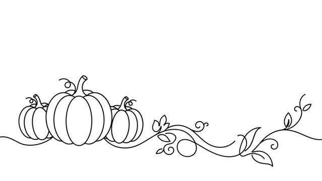 Three pumpkins connected by vine with autumn leaves and berries decorative line drawing