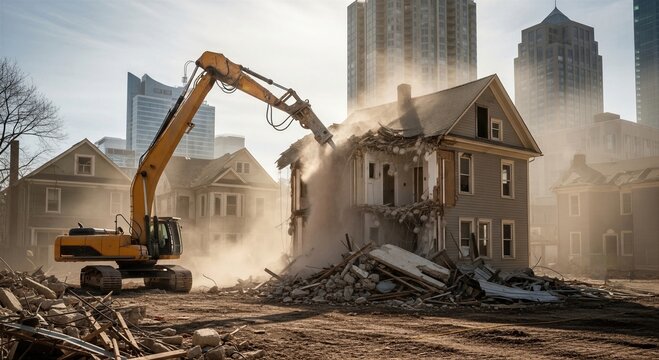 Excavator tearing down house at construction site. Demolition of old building for urban development. Heavy machinery performing structure destruction project in city with skyscrapers.