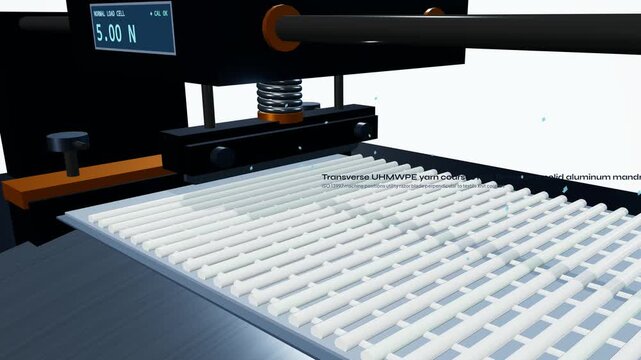 3D animation of UHMWPE cut-resistant fiber dynamics undergoing high-load industrial blade testing demonstrating ultra-low friction and extreme tensile modulus preventing filament severance